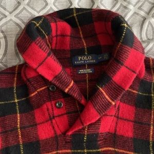 Red Tartan Shawl Collar Polo Sweater